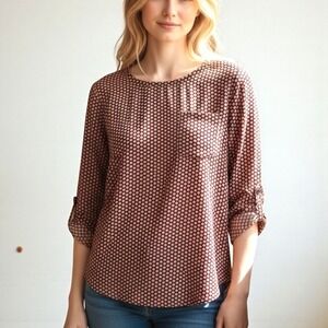 VANHEUSEN Womens Geometric Print Roll‎ Tab Sleeve Blouse Top M Burgundy